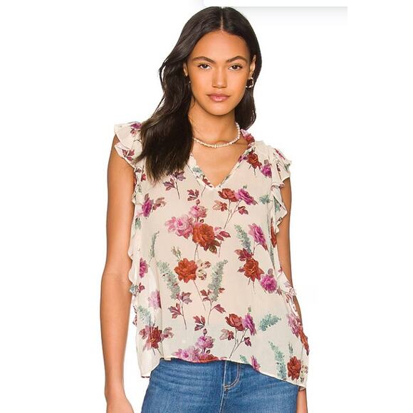 PAIGE Genie Floral Silk Chiffon Ruffle top Size Medium Nude Cream Multi V-neck - Picture 1 of 10